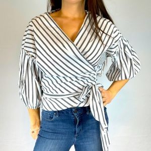 Max Studio 3/4 bubble sleeve wrap striped shirt
